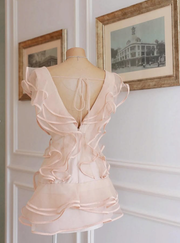 Pink A Line V Neck Ruffle Layered Tulle Short Homecoming Dress Outfits HZ1023